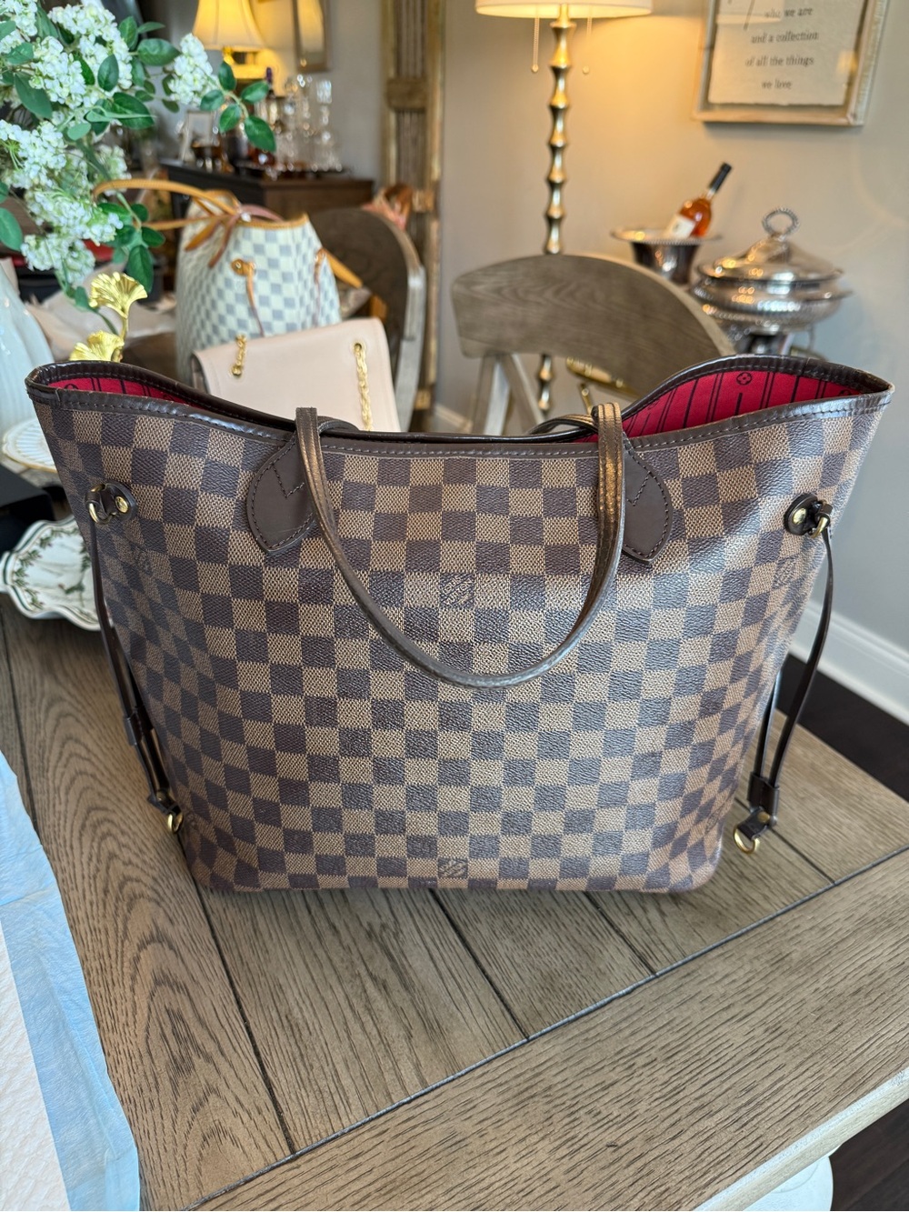 Louis Vuitton Damier Ebene Brown Check Tote Bag with Red Interior - Picture 5 of 14
